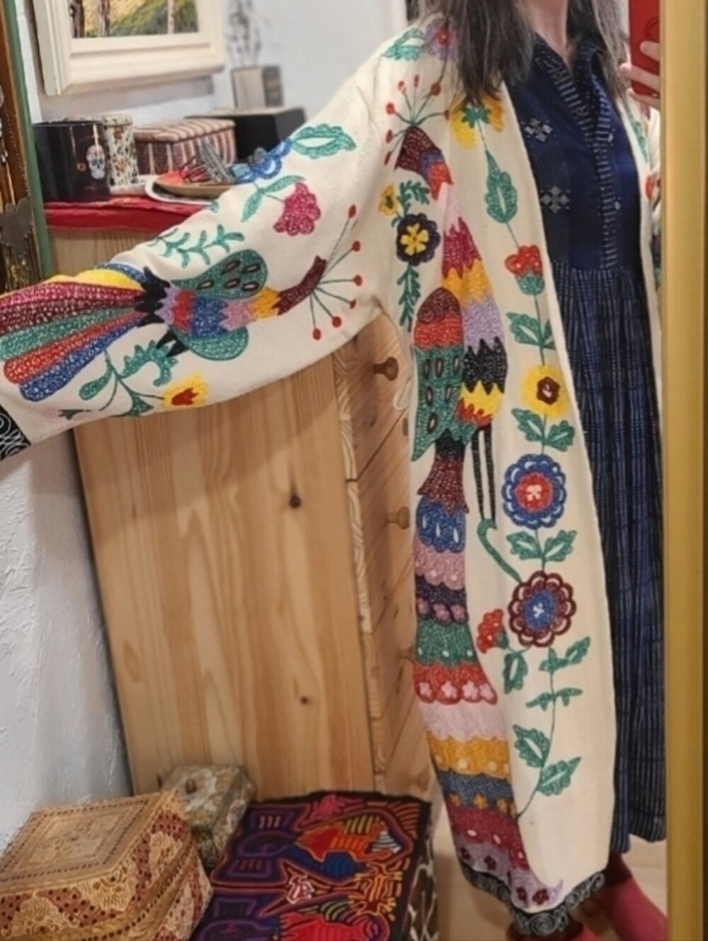 Vintage 1970s Suzani Embroidered Duster XS-M - Picture 2 of 16